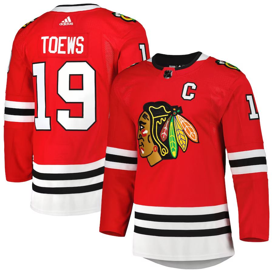 Men Chicago Blackhawks #19 Jonathan Toews adidas Red Captain Patch Home Primegreen Authentic Pro Player NHL Jersey
